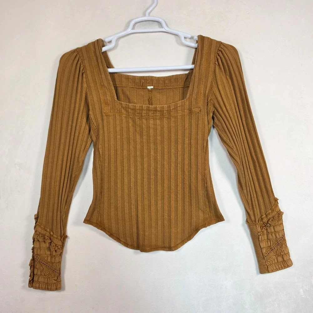 Free People Ribbed Top Women's Small Brown Cottagecore Puff Sleeve